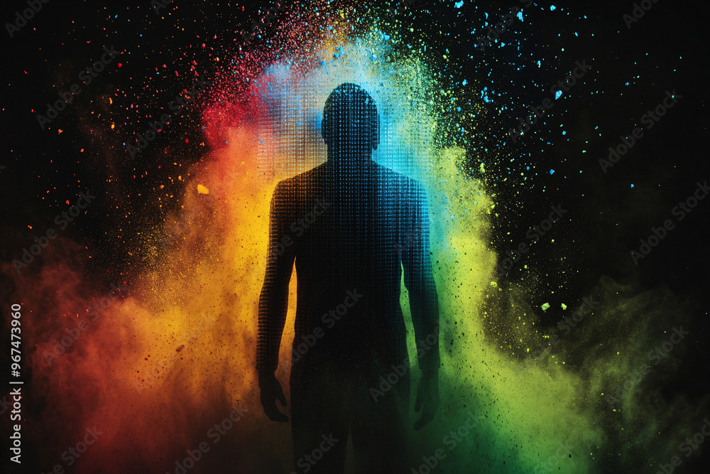 Silhouette of a person standing in a vibrant cloud of red blue and yellow colors creating a dramatic artistic scene Silhouette of a person standing in a vibrant cloud of red blue and yellow colors creating a dramatic artistic scene