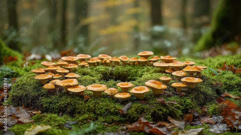 Circle of mushrooms grows on soft green moss in serene forest setting. The scene feels magical and mysterious, evoking fairytale imagery. Circle of mushrooms grows on soft green moss in serene forest setting. The scene feels magical and mysterious, evoking fairytale imagery.