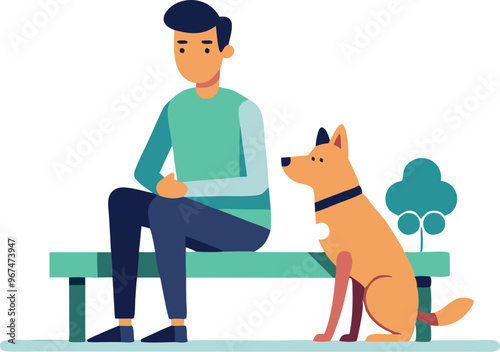A man sits on a bench with his dog. The man is sad or upset, and the dog seems to be looking at him. Concept of loneliness or melancholy
