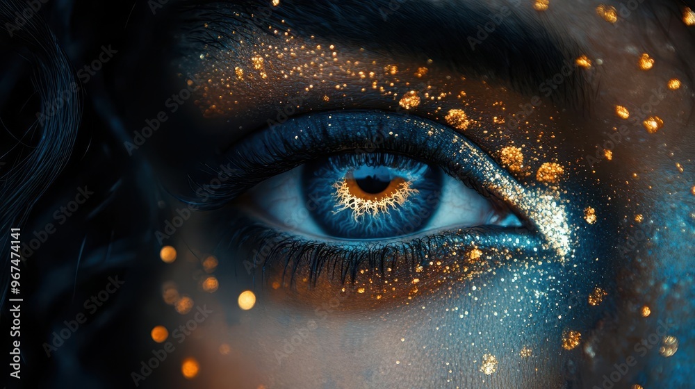mesmerizing closeup of human eye adorned with intricate blue and gold patterns gaze fixed on viewer conveying depth and otherworldly allure mesmerizing closeup of human eye adorned with intricate blue and gold patterns gaze fixed on viewer conveying depth and otherworldly allure