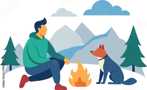 A man sits by a fire with a dog. The man is wearing a green hoodie. The scene is set in a forest with mountains in the background