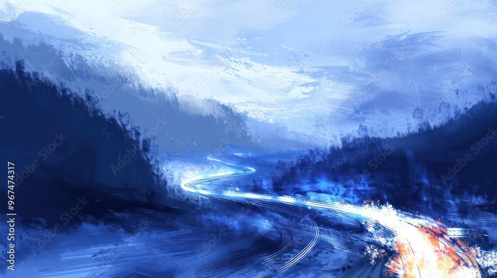 Naklejka premium A serene landscape featuring a winding road through misty mountains and a tranquil atmosphere.