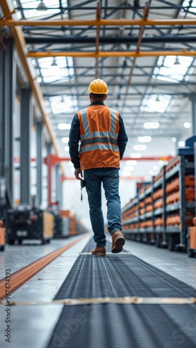 Construction worker walking through factory