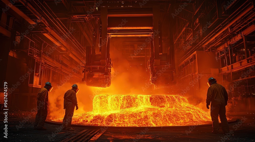 Workers standing near molten metal being processed in a large industrial foundry, with glowing orange flames lighting the scene. Workers standing near molten metal being processed in a large industrial foundry, with glowing orange flames lighting the scene.