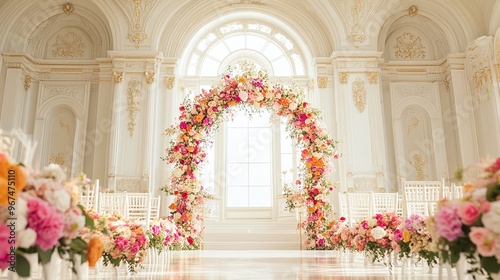 At the wedding ceremony hall, there is a floral arrangement on the white arch.