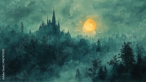 Gothic castle, moonlit night, eerie mist, Watercolor style photo