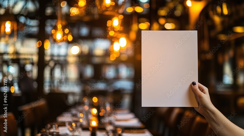 Hand holding a blank paper poster design for a restaurant menu, providing space for displaying menu items or designs. Hand holding a blank paper poster design for a restaurant menu, providing space for displaying menu items or designs.
