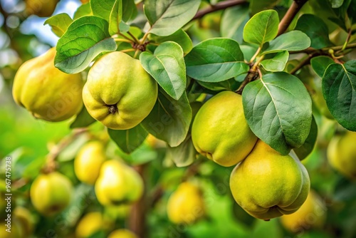 Tender unripe quinces peek from the verdant foliage, their skin a soft yellow and their leaves a vibrant green, a study in contrasting hues.