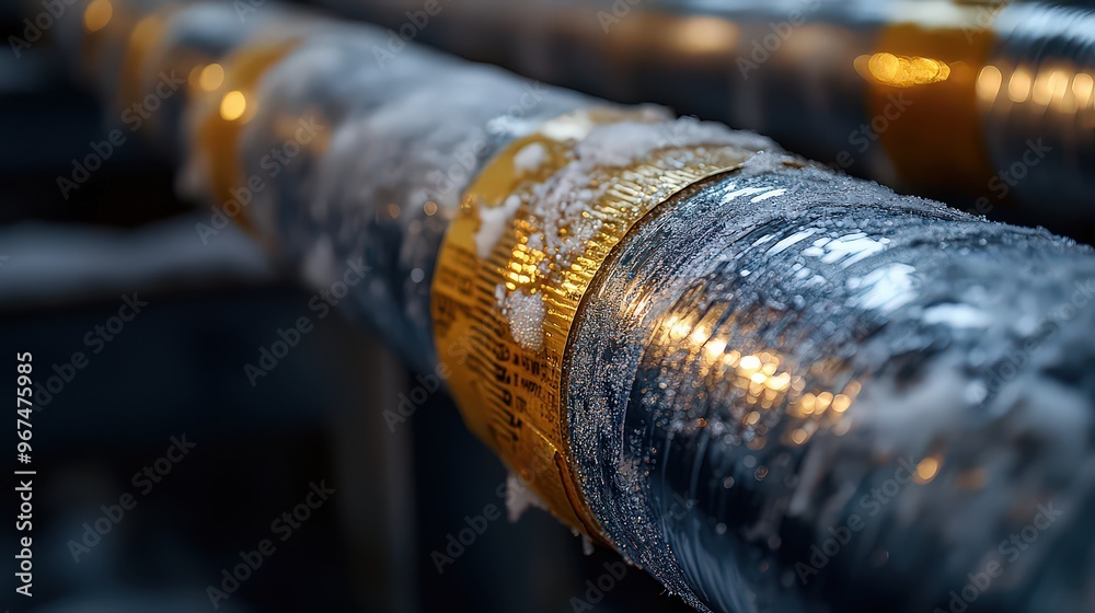 Insulated pipes wrapped with heat tape in cold environment, featuring frosted surfaces and yellow markings, used to prevent freezing in industrial settings. Insulated pipes wrapped with heat tape in cold environment, featuring frosted surfaces and yellow markings, used to prevent freezing in industrial settings.