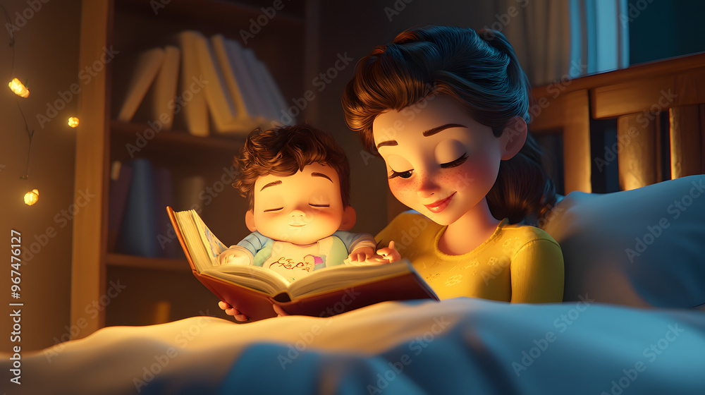 A Cartoon Character Cute Mothers Reading a story A Cartoon Character Cute Mothers Reading a story