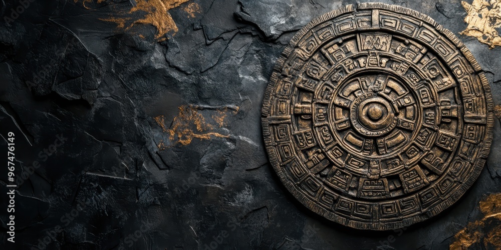 Naklejka premium A detailed depiction of an ancient calendar stone on a textured dark background, symbolizing rich cultural heritage.