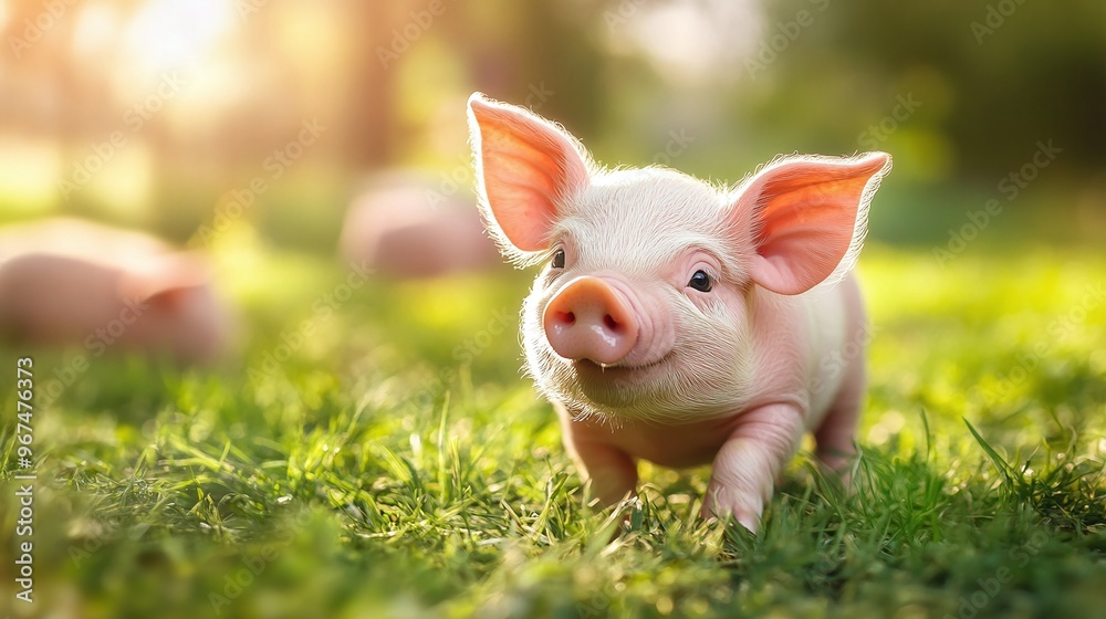 Pig cute newborn standing on a grass lawn. concept of biological , animal health , friendship , love of nature . vegan and vegetarian style . respect for nature Pig cute newborn standing on a grass lawn. concept of biological , animal health , friendship , love of nature . vegan and vegetarian style . respect for nature
