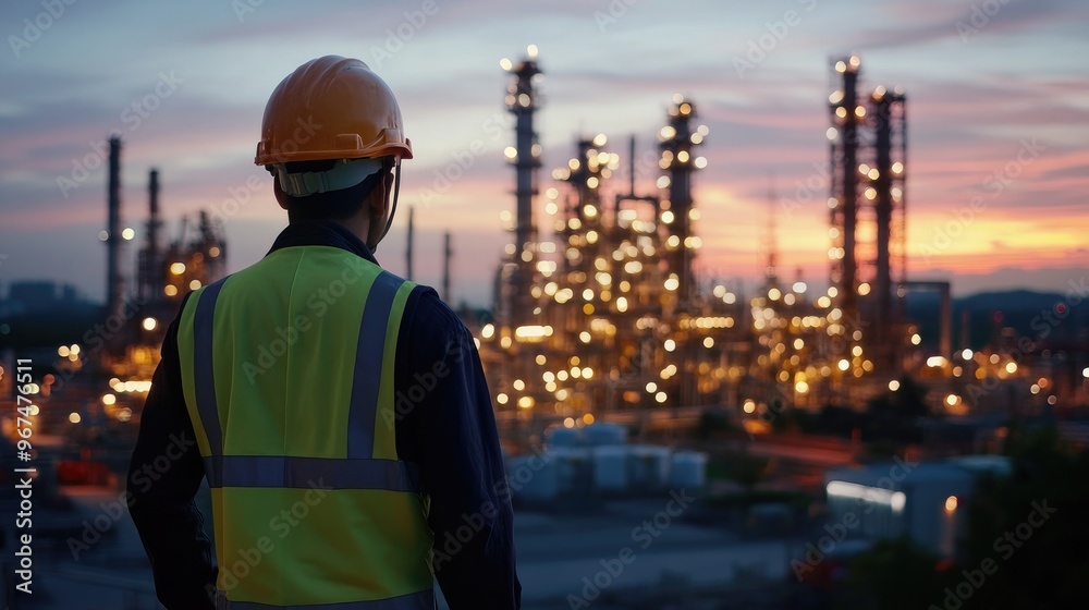 engineering man with safety helmet standing at smart factory background against oil refinery plant in heavy petrochemical industrial estate engineering man with safety helmet standing at smart factory background against oil refinery plant in heavy petrochemical industrial estate