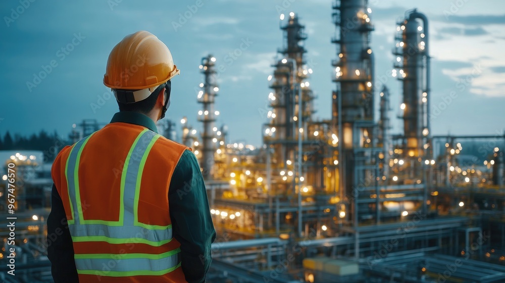 engineering man with safety helmet standing at smart factory background against oil refinery plant in heavy petrochemical industrial estate engineering man with safety helmet standing at smart factory background against oil refinery plant in heavy petrochemical industrial estate