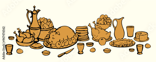 Vector drawing. Tasty food feast