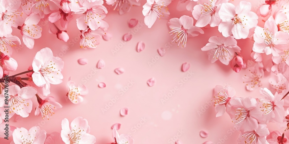 A serene backdrop of pink cherry blossom flowers on a soft pink surface, perfect for spring and romantic themes. A serene backdrop of pink cherry blossom flowers on a soft pink surface, perfect for spring and romantic themes.