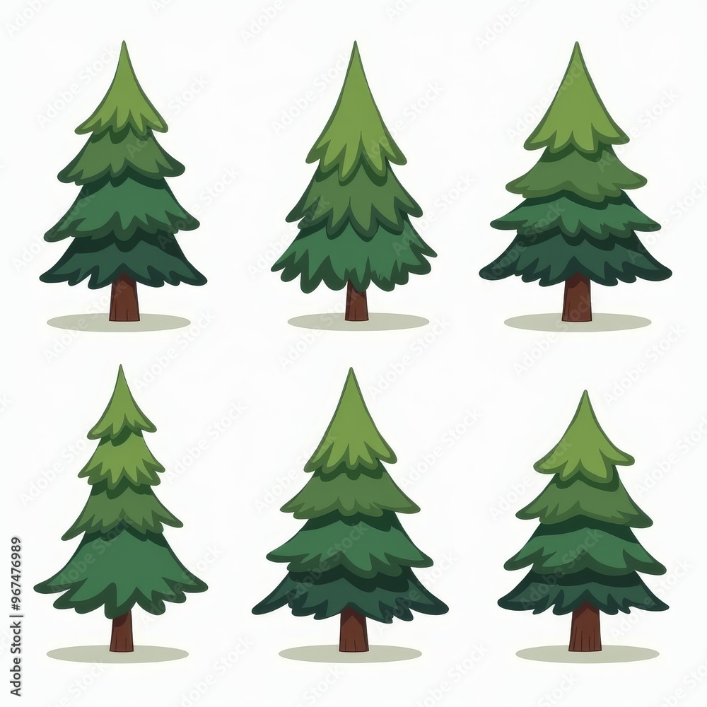 Cartoon Evergreen Trees Illustration - Set of Six Green Pine Trees in Various Designs. Perfect for Educational Materials, Kids' Projects, and Nature-Themed Decorations. Cartoon Evergreen Trees Illustration - Set of Six Green Pine Trees in Various Designs. Perfect for Educational Materials, Kids' Projects, and Nature-Themed Decorations.
