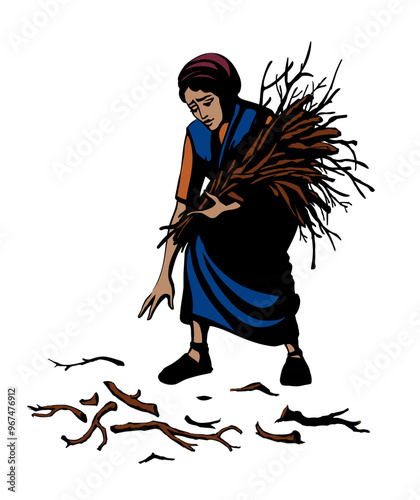 Vector drawing. Woman collecting firewood