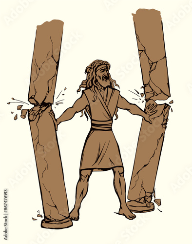 Vector drawing. Samson destroying temple