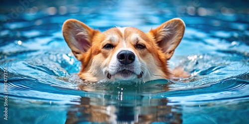 Cute corgi with eyes closed swimming backstroke in pool, corgi, swimming, backstroke, pool, water, pet, adorable, funny