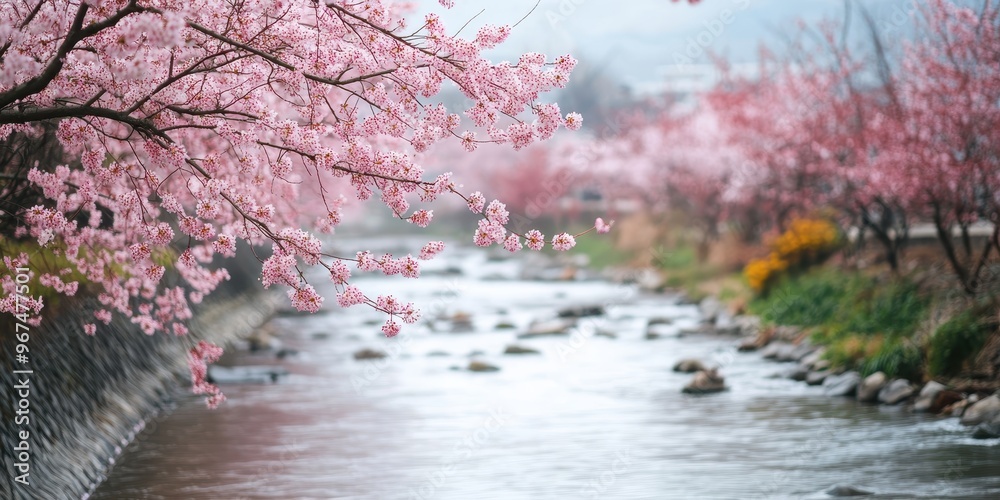 Naklejka premium A serene river flows gently, framed by vibrant pink cherry blossoms in full bloom, creating a peaceful spring landscape.