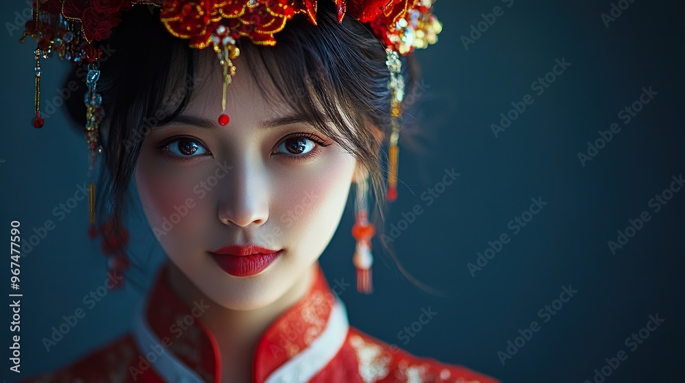 a Chinese woman in a festive outfit like a traditional costume for a celebration or holiday isolated on a dark background a Chinese woman in a festive outfit like a traditional costume for a celebration or holiday isolated on a dark background
