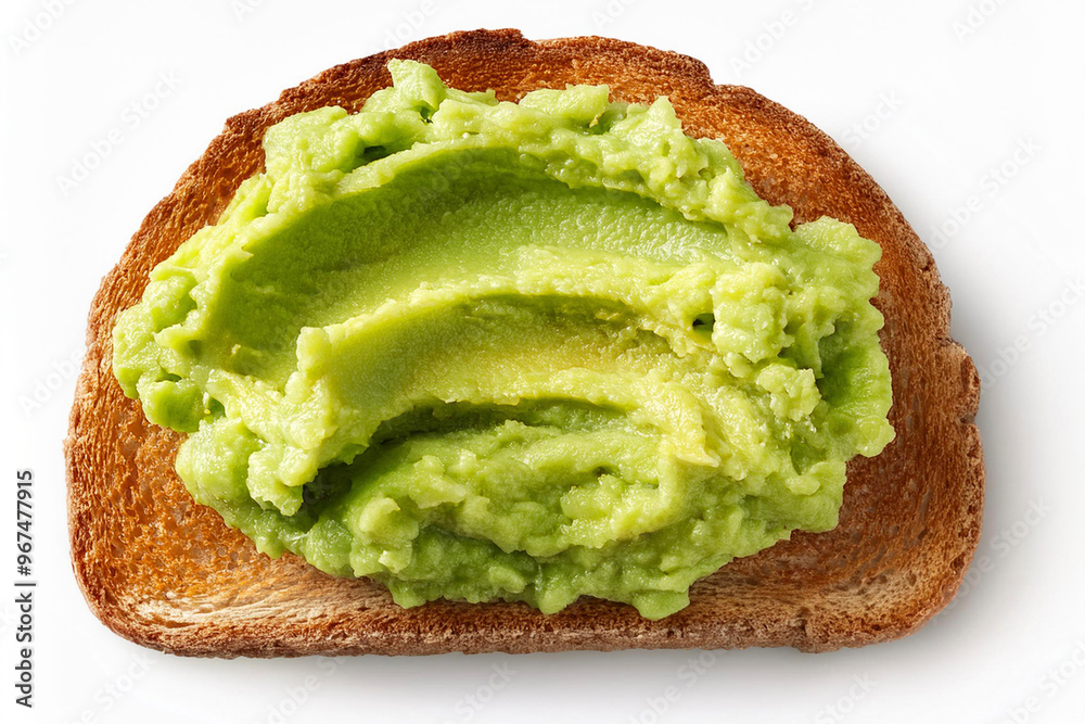 Avocado on toast, overhead view, cut out on white.
