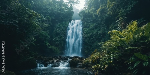 A serene waterfall cascading through lush greenery, creating a tranquil nature scene perfect for relaxation and inspiration.