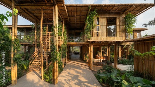Modern bamboo house surrounded by lush greenery, showcasing sustainable architecture in a serene setting