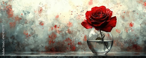 Blood-red rose, dark petals, withering in a glass vase, Watercolor style photo