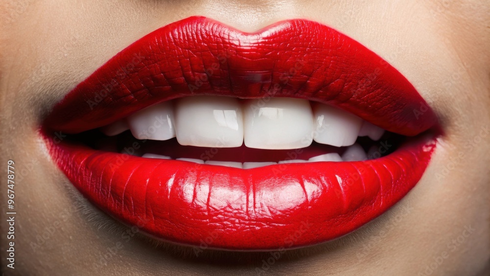 Close-up of red lips with lipstick and teeth , lips, red lipstick, close up, beauty, mouth, teeth, glamour Close-up of red lips with lipstick and teeth , lips, red lipstick, close up, beauty, mouth, teeth, glamour