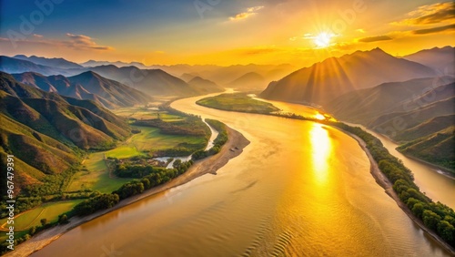 Sunrise over the 5464km long Yellow River in Sichuan Province, China , Yellow River, Huang He, sunrise