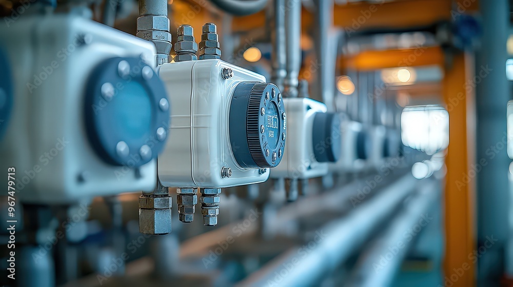 Row of industrial flow meters and pipes in modern facility, capturing precision and efficiency of automated systems in operation. Row of industrial flow meters and pipes in modern facility, capturing precision and efficiency of automated systems in operation.
