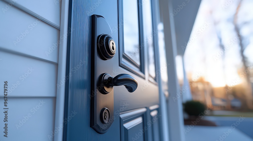 Modern blue front door with matte black handle and lock, reflecting minimalist design. Cool tones emphasize sleek, contemporary style of the house. Modern blue front door with matte black handle and lock, reflecting minimalist design. Cool tones emphasize sleek, contemporary style of the house.