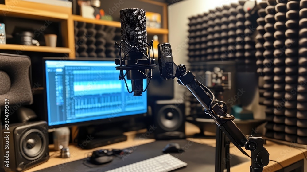 Fototapeta premium A microphone on a boom arm in a home studio setup, with a desk, computer, and acoustic foam in the background.