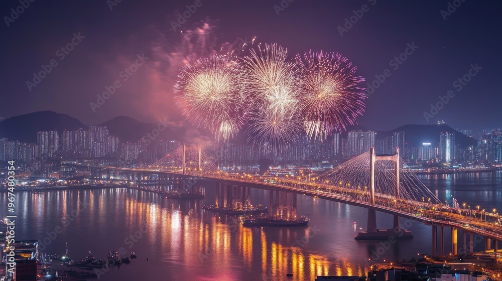 Fototapeta premium Gwangandaegyo Bridge And fireworks in Busan, South Korea