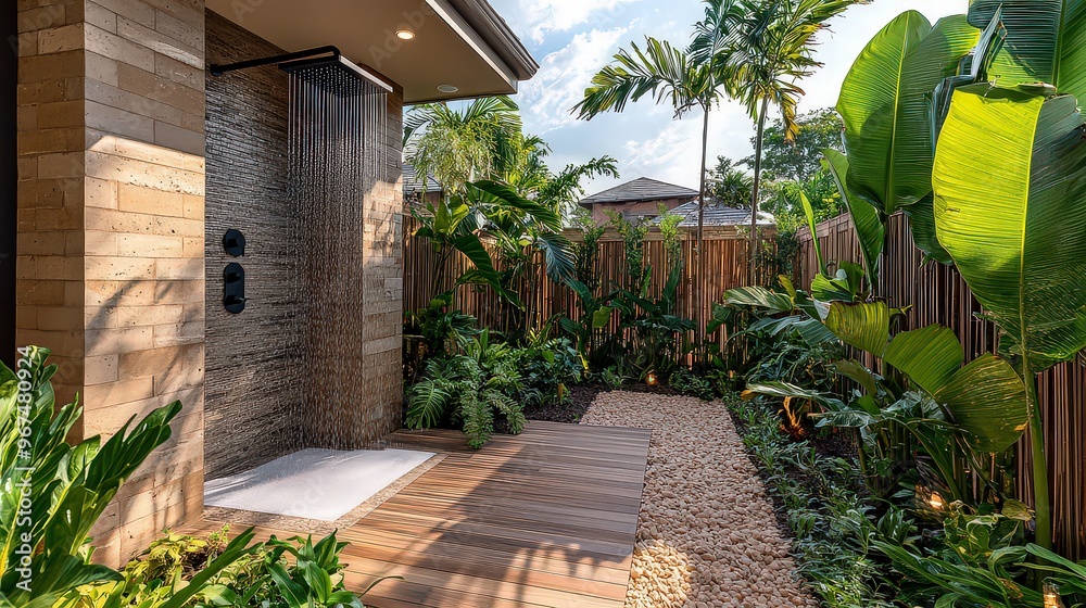 Φωτογραφία Beautiful outdoor shower surrounded by tropical plants and wooden decking, offering a refreshing, nature-filled bathing experience