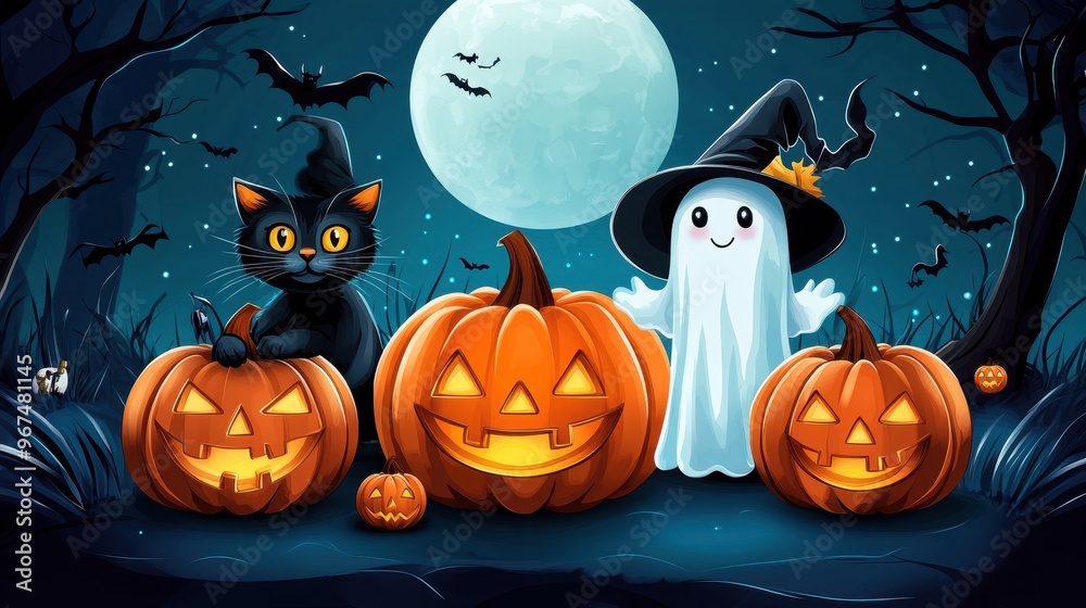 A playful ghost and a curious black cat are surrounded by glowing carved pumpkins beneath a bright full moon in a Halloween setting A playful ghost and a curious black cat are surrounded by glowing carved pumpkins beneath a bright full moon in a Halloween setting