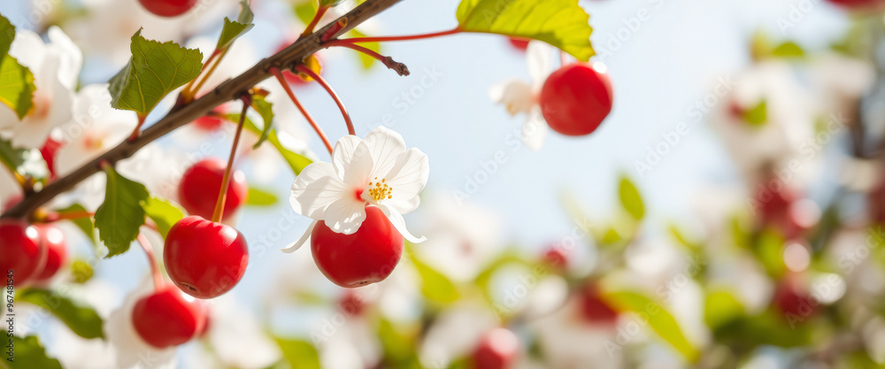 Red Cherries on a Branch with White Flowers Red Cherries on a Branch with White Flowers