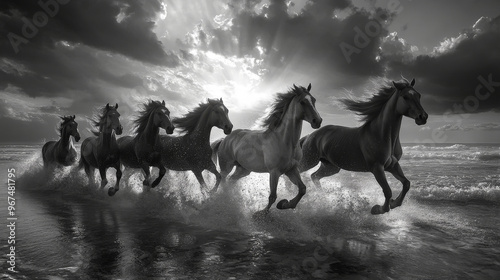 stampede of 7 colored majestic horses running through low water on a beach during a sunset, black and white 