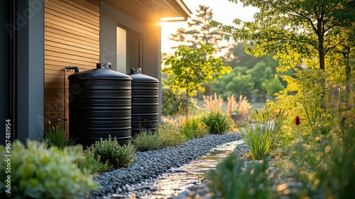 rainwater harvesting system installed to collect rain from the roof, directing it into storage barrels for garden use.  photo