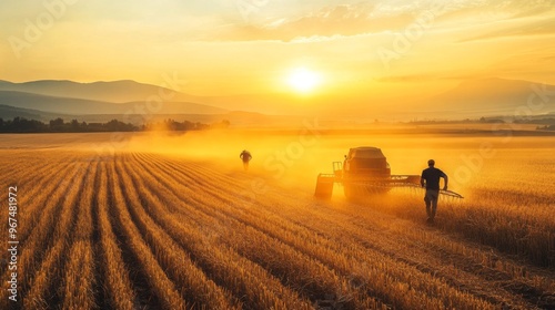 Golden Hour Harvest Combine Harvester in a Wheat Field at Sunset photo