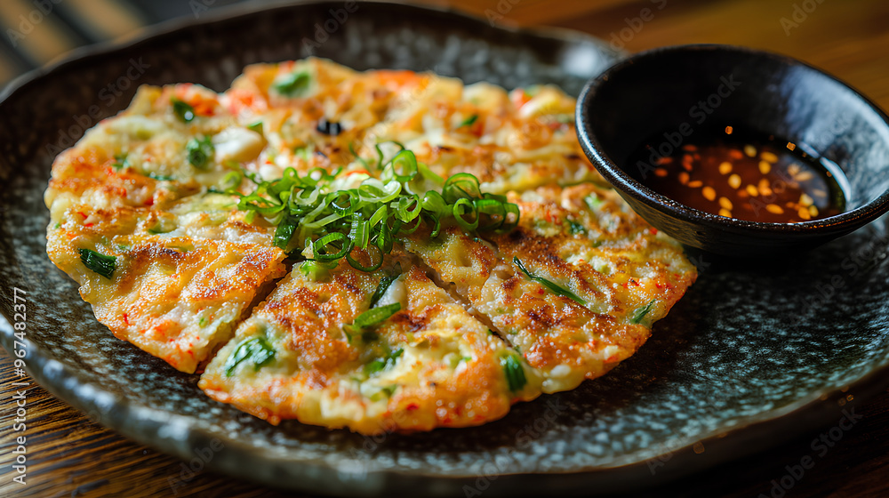 Crispy Pajeon scallion pancakes with seafood served hot with dipping sauce in a Korean restaurant
Crispy Pajeon scallion pancakes with seafood served hot with dipping sauce in a Korean restaurant