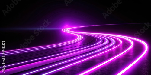 Neon light of purple road lines with abstract stripes and LED curved rays on black background, neon, light, purple