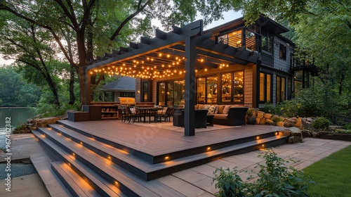 wraparound deck featuring a pergola for shade, cozy seating areas, and string lights creating a warm ambiance. Ideal for outdoor dining and relaxation, captured in soft, natural light.