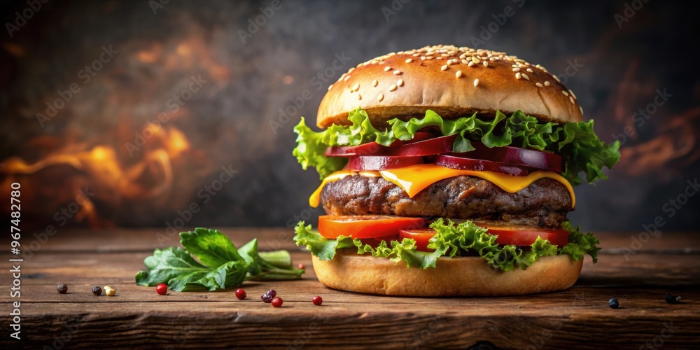 Hamburger studio photoshoot showcasing juicy and mouth-watering details with attention to texture, color Hamburger studio photoshoot showcasing juicy and mouth-watering details with attention to texture, color