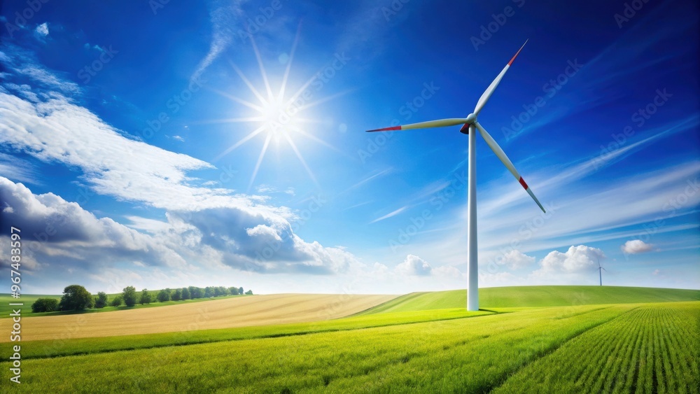 Blue Sky Wind Turbine in a field on a sunny day, renewable energy, sustainable Blue Sky Wind Turbine in a field on a sunny day, renewable energy, sustainable