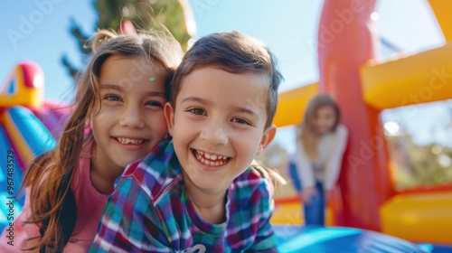 kids playing on an inflatable bouncy castle in the background, with one girl and boy smiling at camera