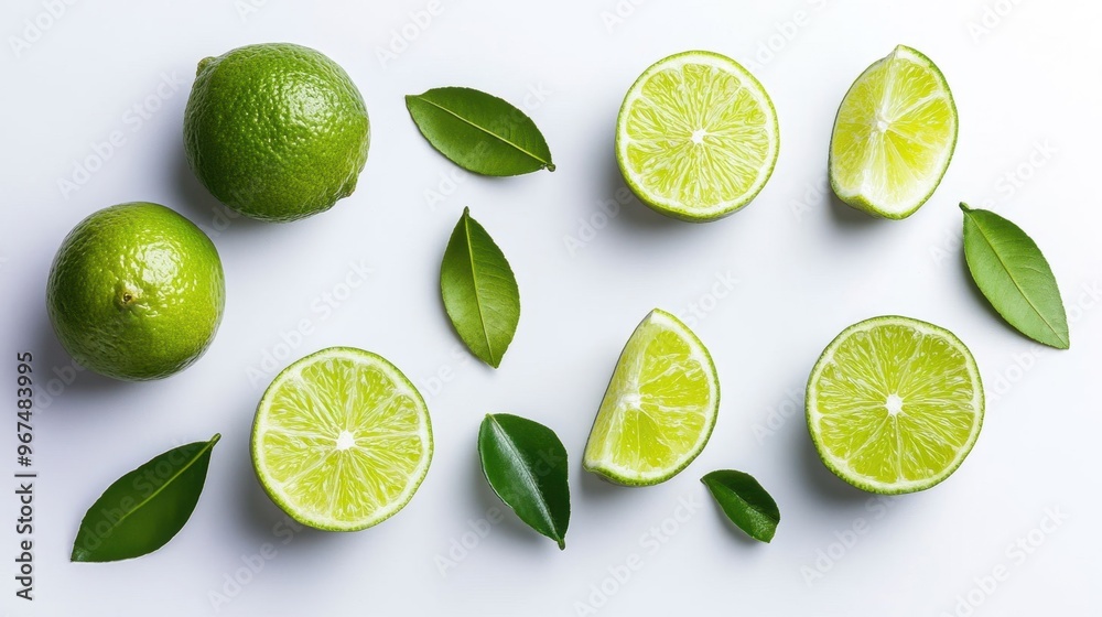 A close up of lime slices and leaves on a white background A close up of lime slices and leaves on a white background