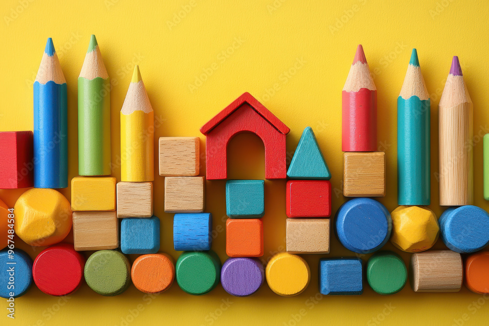 Fototapeta premium A colorful background with scattered wooden toys and pencils, creating an abstract composition for educational themes.